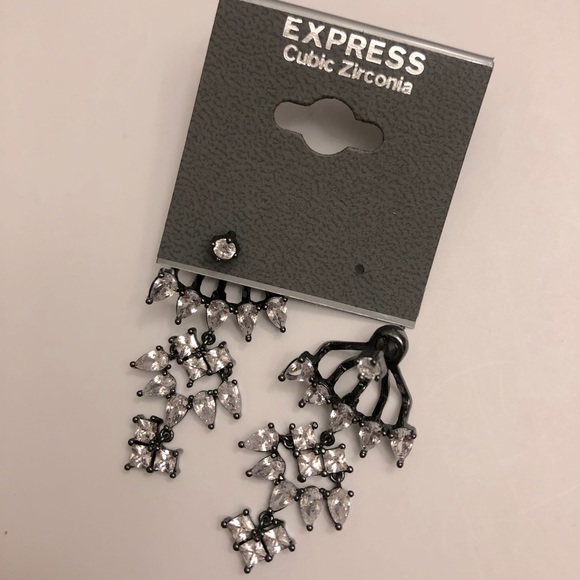 Express Ear Jackets Cubic Zirconia Studs and Stones on Gunmetal Black NWT - Picture 4 of 5